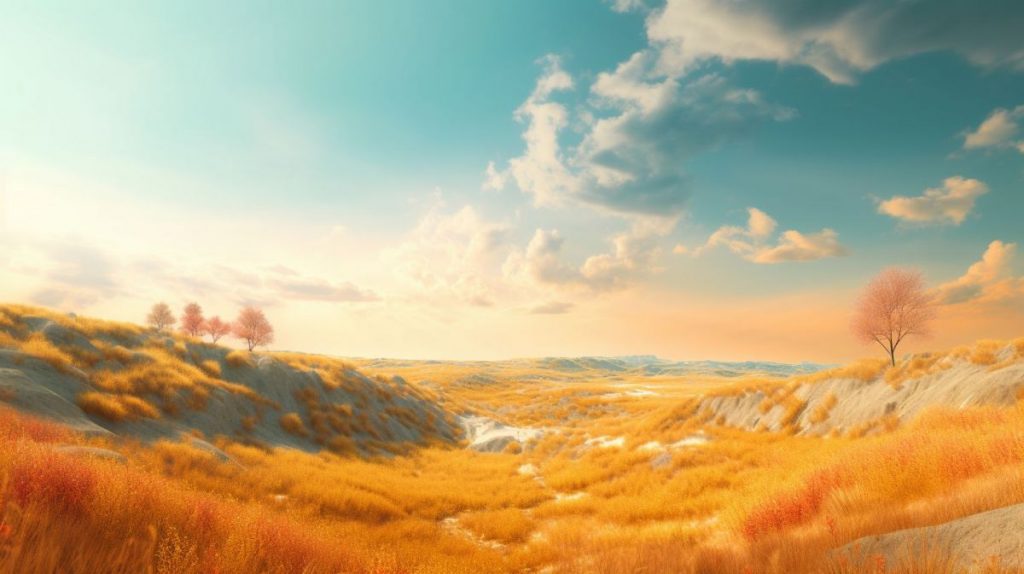 Arcadian Elysean Summer landscape, 8K Raw photograph, heavily inspired by influenced by Johfra, tangerine, saffron and golden hues, clear blue sky with soft yellow, mystic, symbolism, surreal, hyperrealism, --ar 16:9 --q 2 --v 5